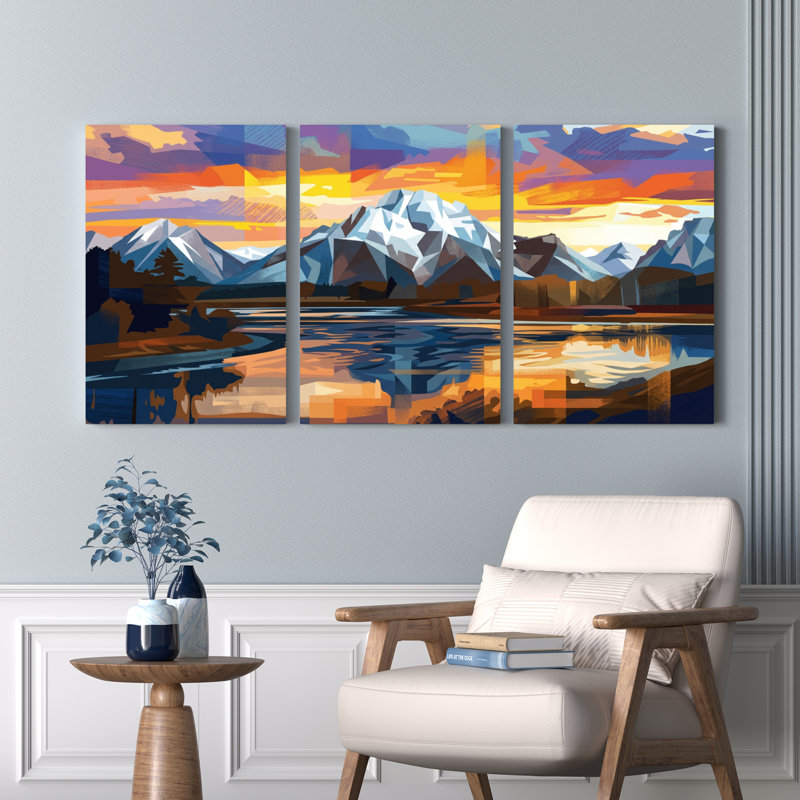 Ensemble de 3 tableaux sur toile représentant un coucher de soleil sur un paysage de montagne, H 30 po x l 60 po