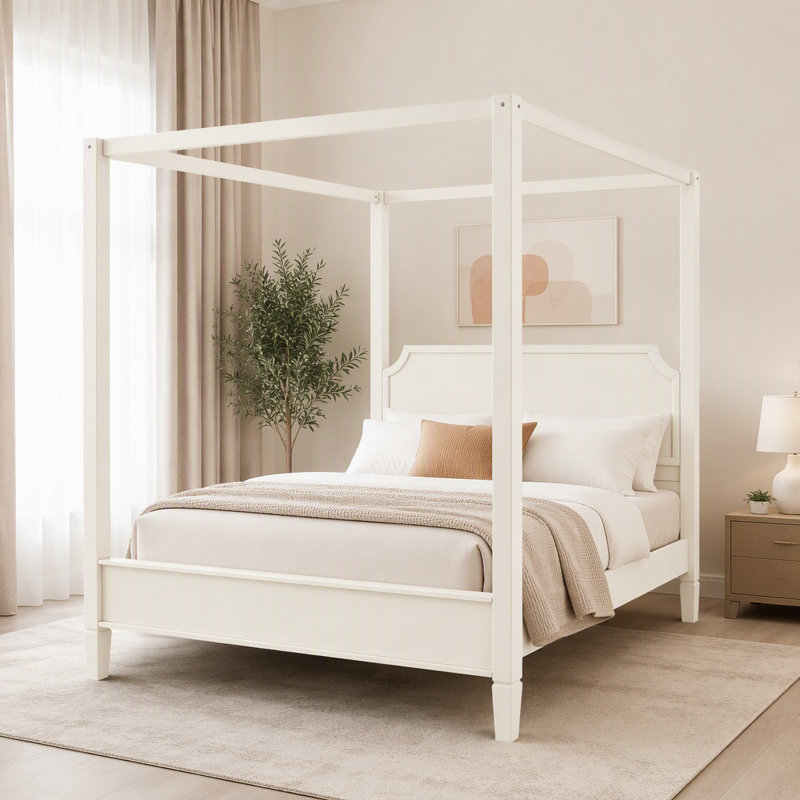 Lit à baldaquin en bois avec tête de lit et pieds de soutien, Très grand lit, Blanc crémeux