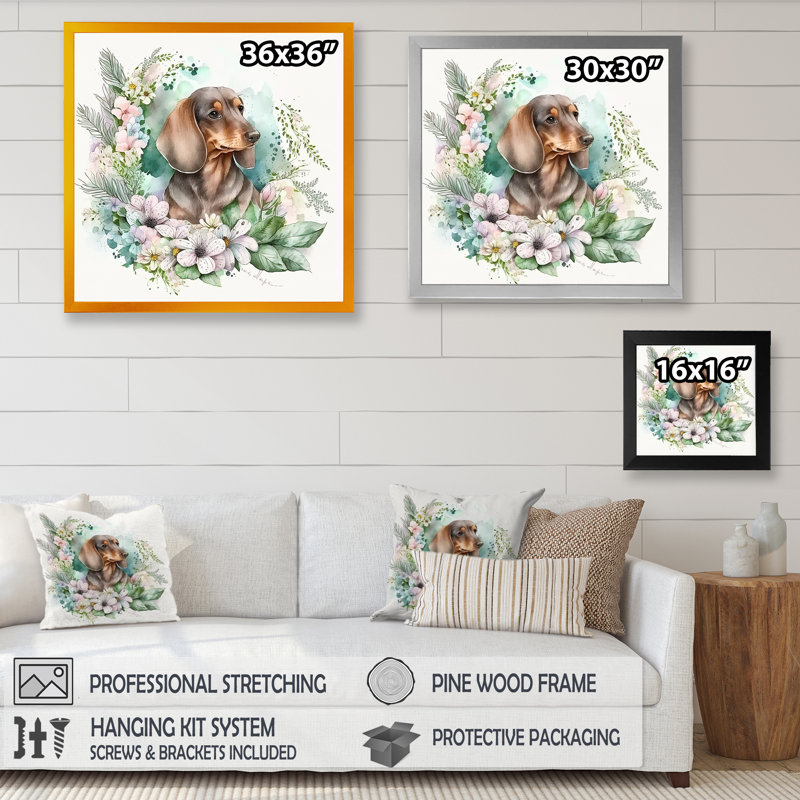 Adorable teckel à l'aquarelle avec fleurs III - reproduction sur toile, Cadre photo noir, H 16 po x l 16 po x P 1 po