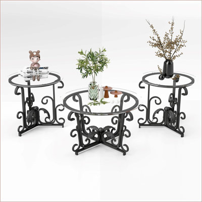 Ensemble de 3 tables basses rondes en verre trempé pour le salon, noir rustique - Facile à nettoyer et flexible