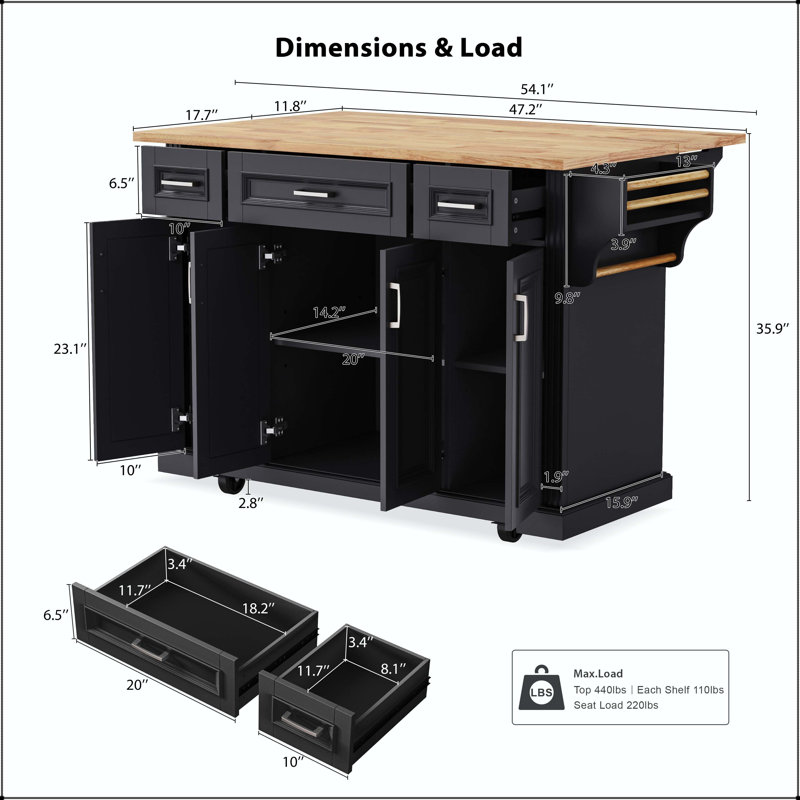 54" Large Kitchen Island with Rubber Wood Drop Leaf and Embossed Texture – Black, Black