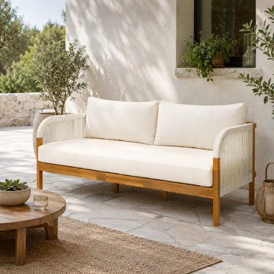 Lit de jour d'extérieur en bois d'acacia de 68,1 po avec corde tissée à la main, coussin de siège épais et 2 coussins pour la terrasse, le jardin et la piscine