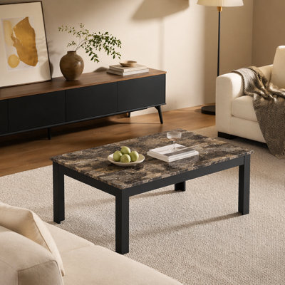 Ensemble de 3 pièces Table basse rectangulaire de style traditionnel Table de bout carrée Pieds en bois Plateau en faux marbre Mobilier en bois brun