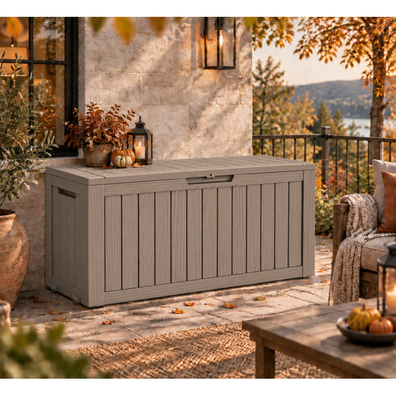 Emperic Design 90 Gallon Resin Outdoor Deck Box with Wheels, Waterproof Patio Storage Container for Cushions, Garden Tools, Pool Toys & Camping Gear