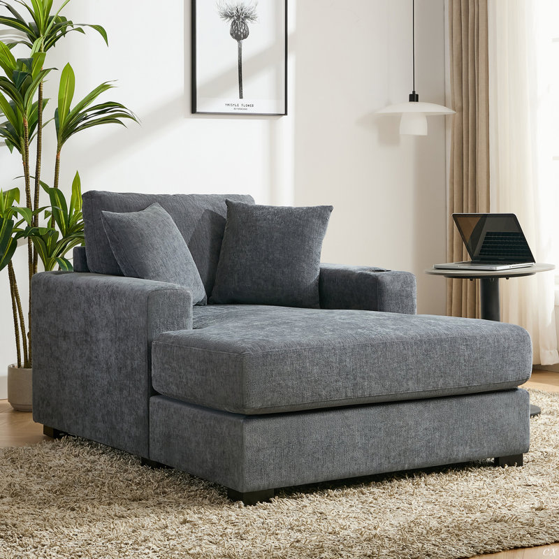 Canapé surdimensionné de 43,5 po de style moderne avec méridienne, avec coussins, station de charge et porte-gobelets, tissu chenille