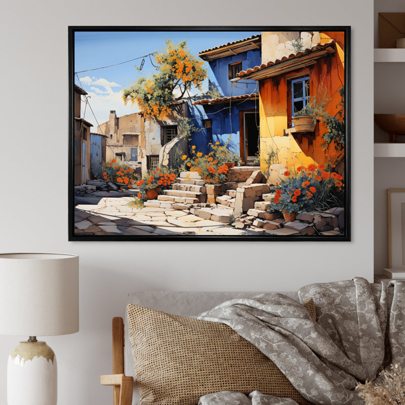 " Spain Rustic Village ", 24" H x 32" W x 1" D, Black Floater Framed
