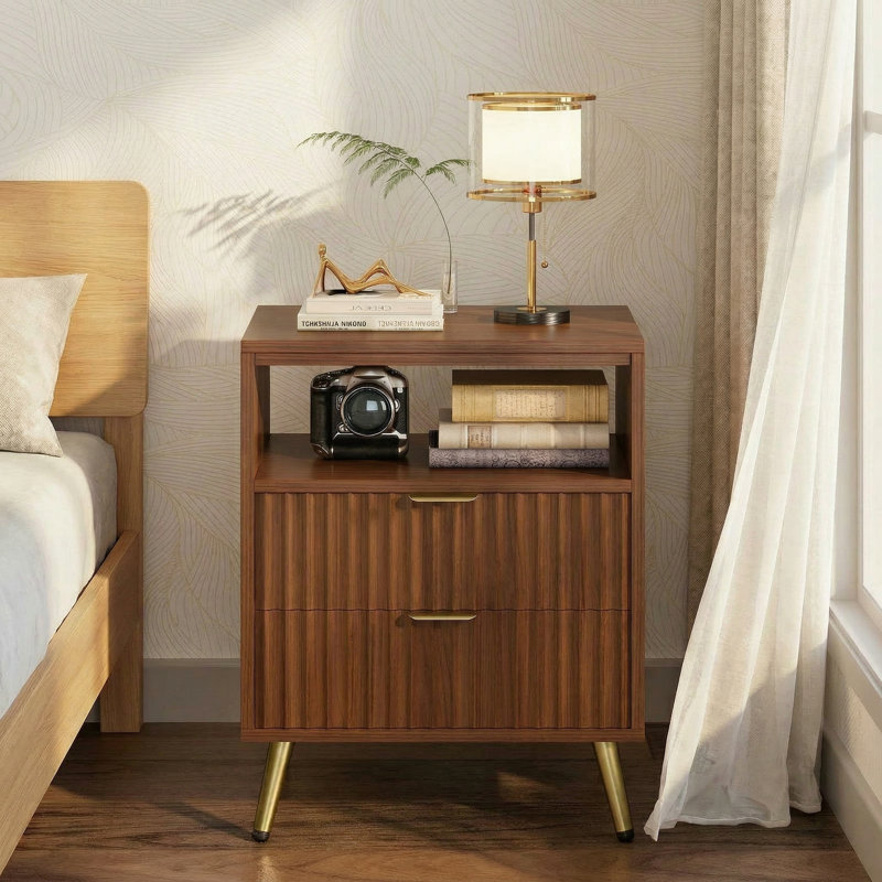 Mid-Century Modern 2-Drawer 23" Tall Nightstand with Open Cubby, Fluted Cute Bedside Table with Open Shelf, Storage End Table For Bedroom, Living Room, Sofa and Office