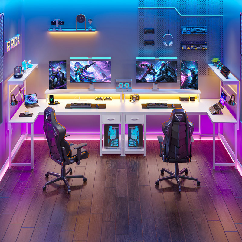 L-Shaped Gaming Computer Desk With Power Outlets & Led Lights & Drawer For Home Office, White