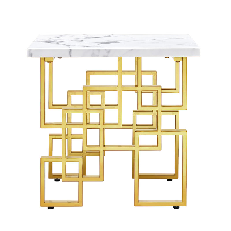 Yendy Solid Wood Top End Table, White Top/Gold Base
