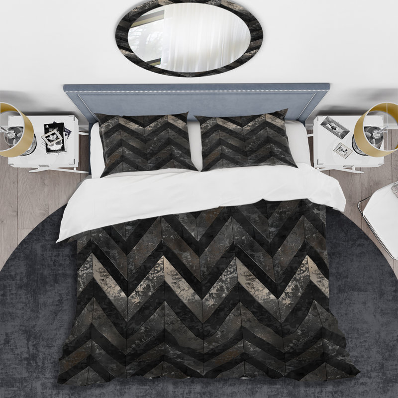 Ensemble de housse de couette transitionnelle Grey Black Chevron Magic II, Housse de couette simple et deux taies décorative