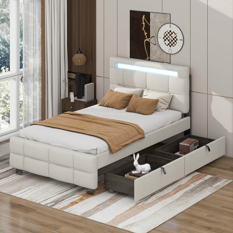 Twin Size Upholstered Platform Bed With LED Frame And 2 Drawers, Beige