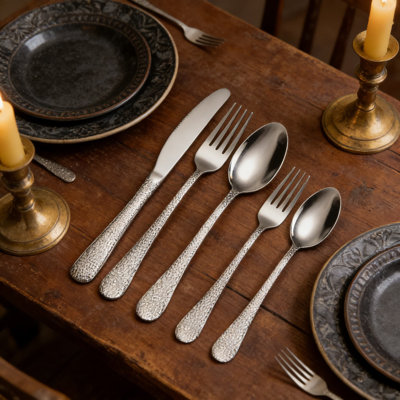 Ensemble de couverts vintage en acier inoxydable martelé 40 pièces pour la maison, le restaurant et les fêtes - Design durable et lavable au lave-vaisselle