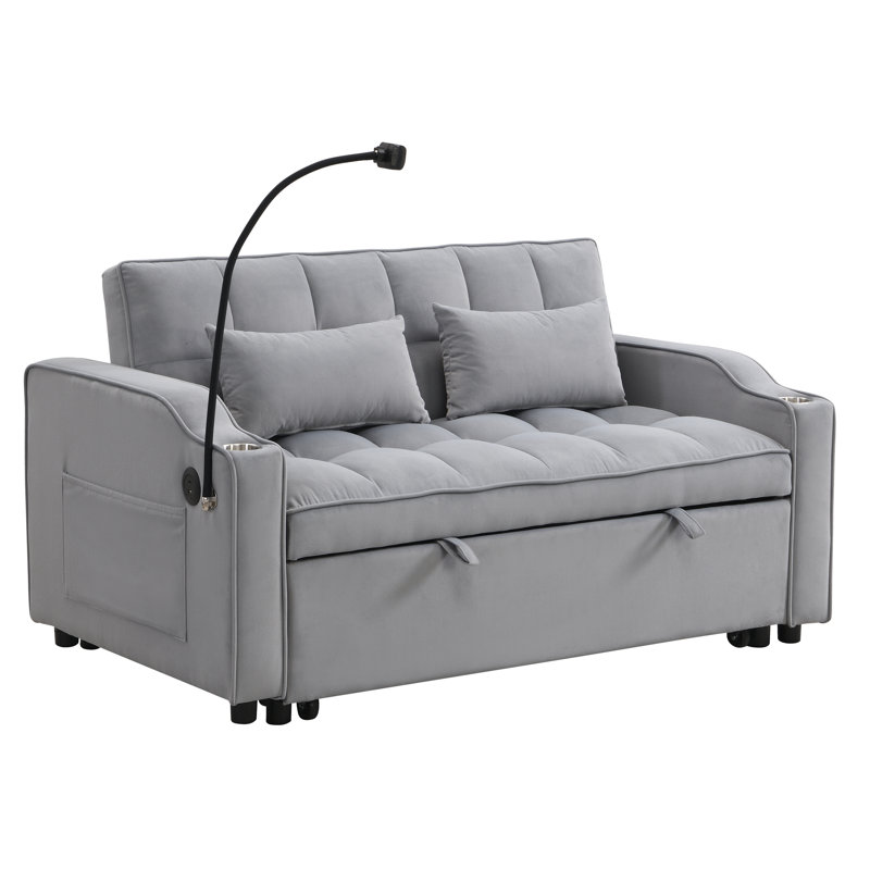 Lit avec housse en velours: convertible 3 en 1, conception escamotable, réglable, coussins, peu encombrant, lit moderne gris: tissu, dossier, support de téléphone, charge,