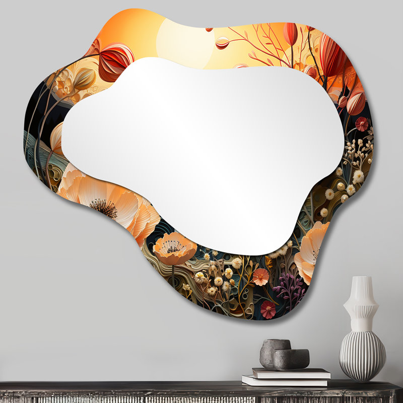 Blooming Poppies River Sunset - Poppy Asymmetrical Wall Mirror, Peach Cloud Decorative Mirror, Printed Metal Art, 25" x 28"