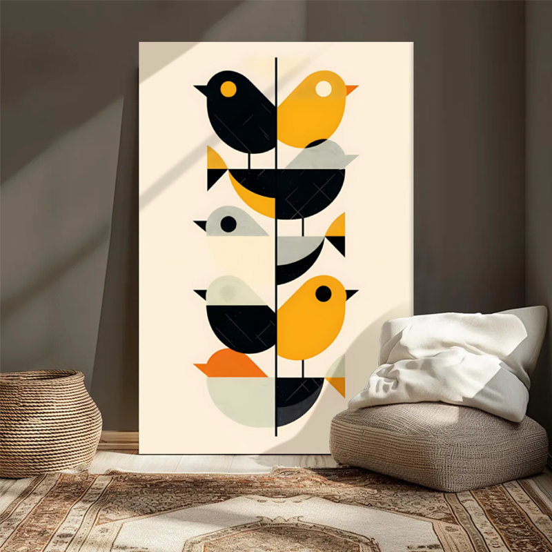 Oiseaux géométriques empilés verticalement, conception symétrique, style art abstrait moderne. Art mural encadré en toile - Cadre en bois massif de 24 po x 36 po et 1 po d'épaisseur pour le salon ou la chambre à coucher