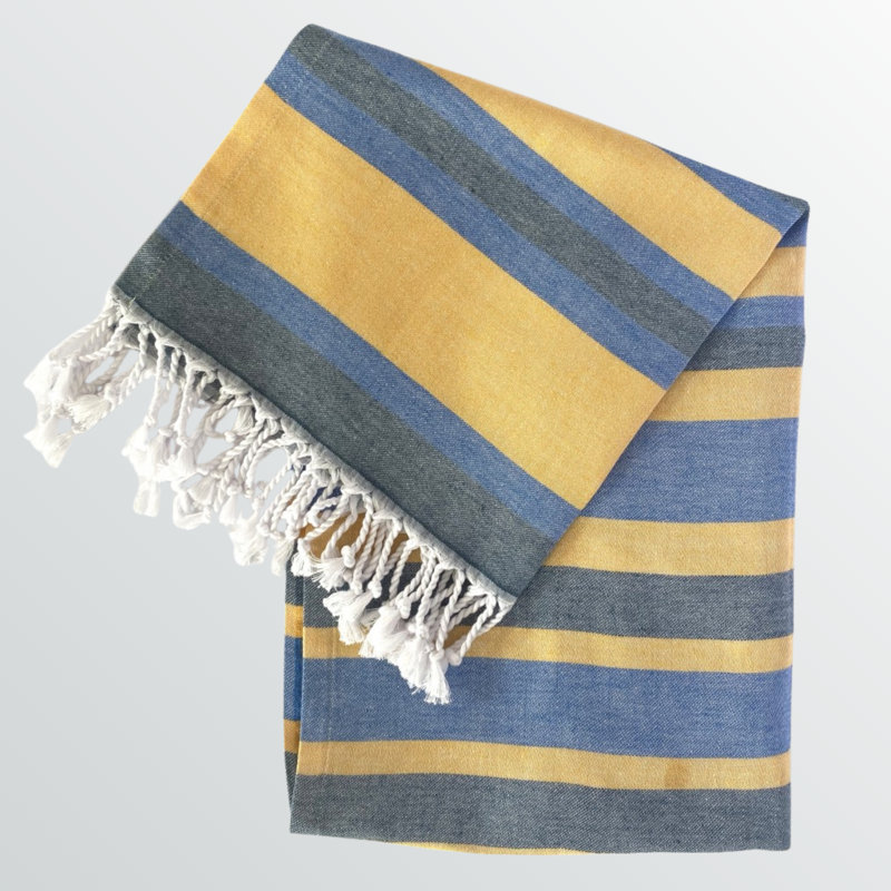 Jeté en 100% coton, Bleu / jaune rayé, L 38,8 po x l 70,77 po