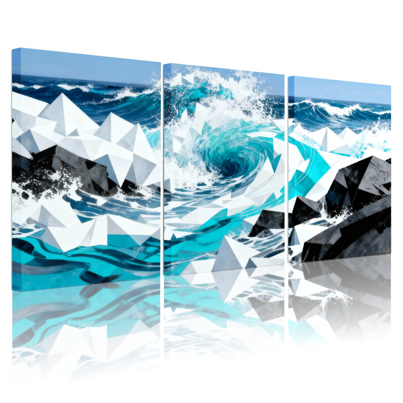«Nautical & Beach Ocean Waves Crashing Against Geometric Icebergs», ensemble de 3 impressions d'art sur toile