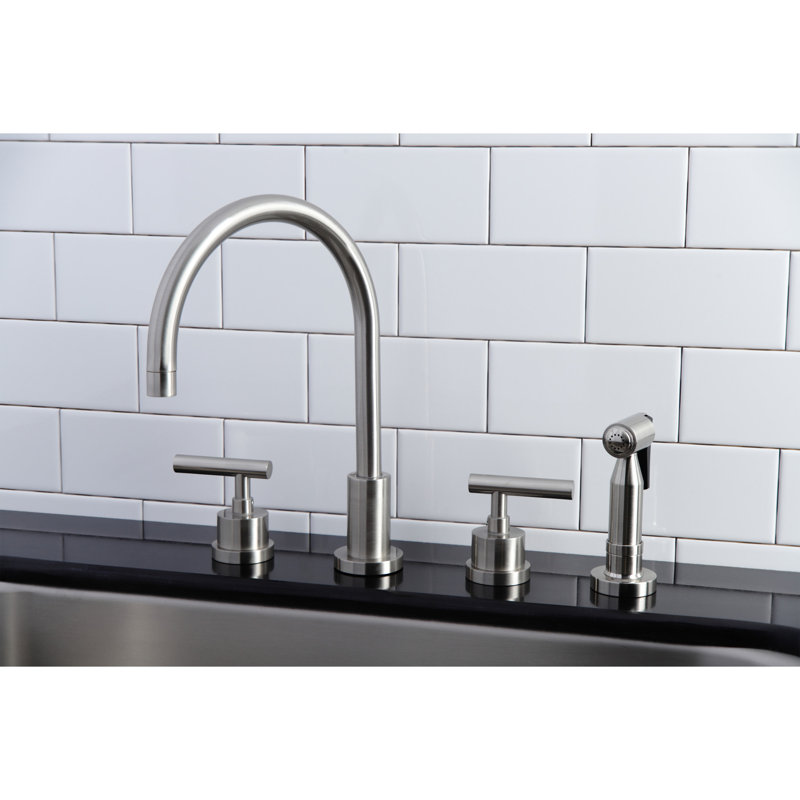 Kingston Brass Manhattan Double-Handle 4-Hole Widespread Kitchen Faucet with Brass Sprayer, Brushed Nickel