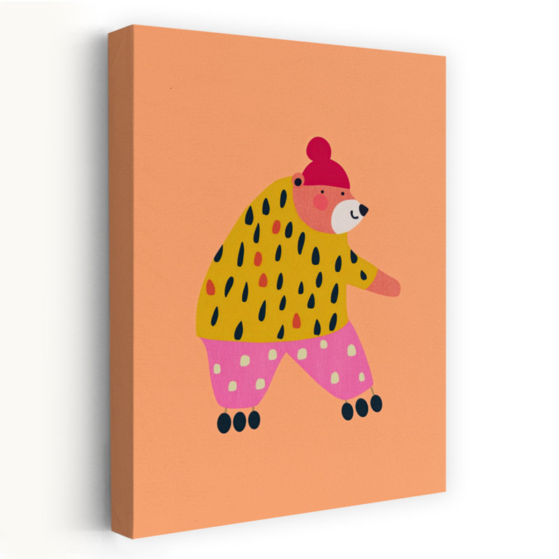 Whimsical Roller Skating Bear Colorful Modern Playful Bear Wall Art Print by Mathieu - Wrapped Canvas Print
