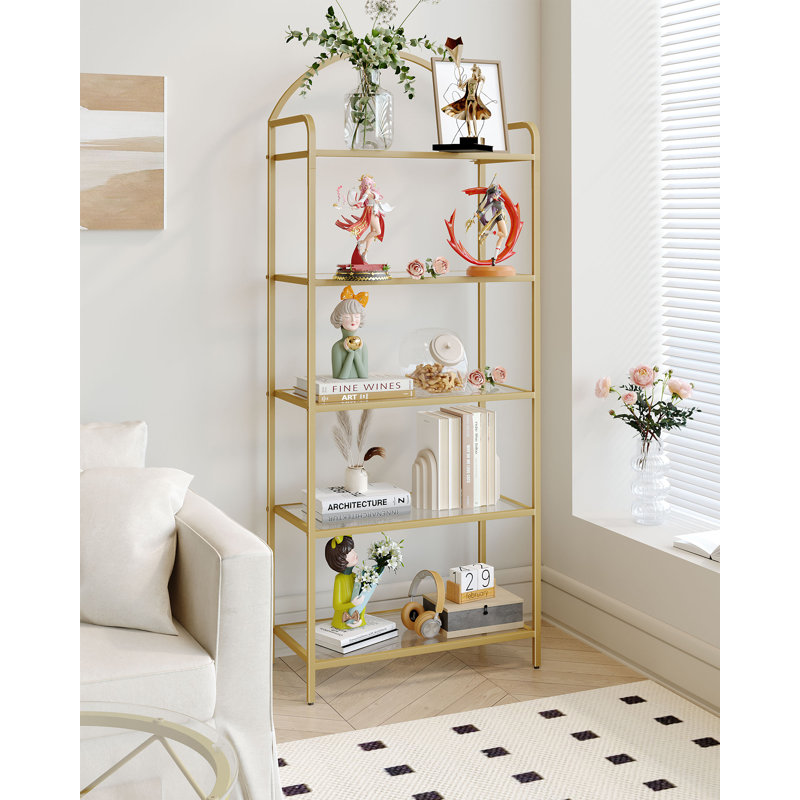 Bookcase Bookshelf, Tempered Glass Bookshelves, Slim Shelving Unit for Bedroom, Bathroom, Home Office, Steel Frame, 5 Tier Gold