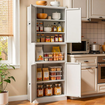 Armoire de rangement de 72 pouces de hauteur en métal blanc, 4 portes, armoire de rangement autoportante pour la cuisine, le bureau, la salle de bain, le balcon et la salle de rangement