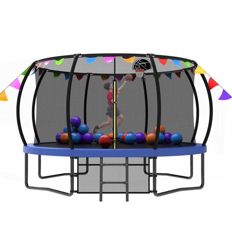 Trampoline récréatif extérieur avec caractéristiques et accessoires de sécurité, Bleu