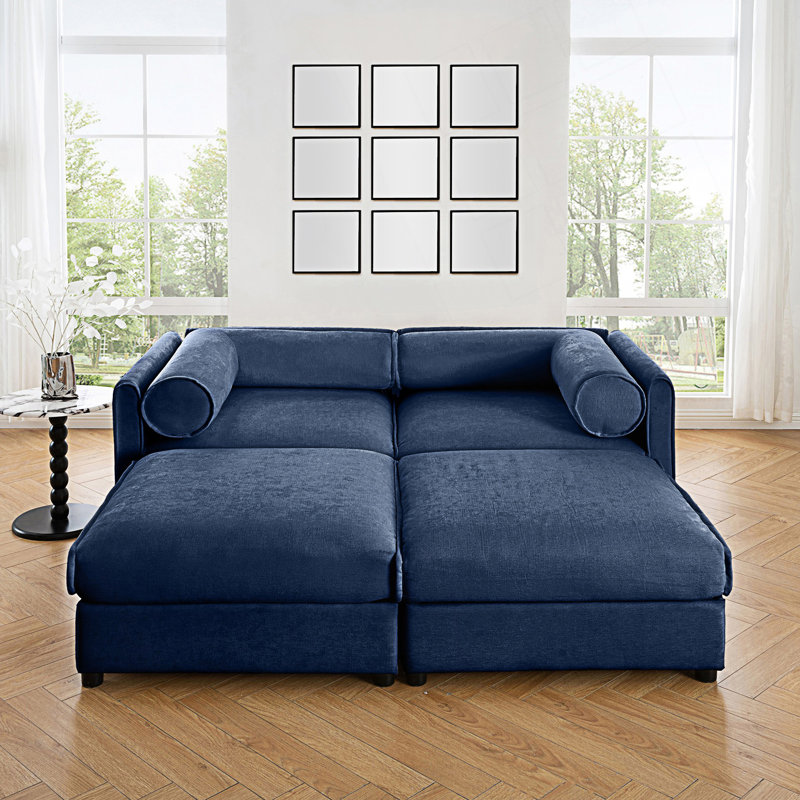 Élégant canapé 2 places avec 2 repose-pieds et siège de rangement, Bleu