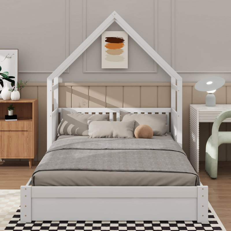 Grand lit plateforme en bois de style maison avec garde-corps de sécurité et deux tiroirs, Blanc