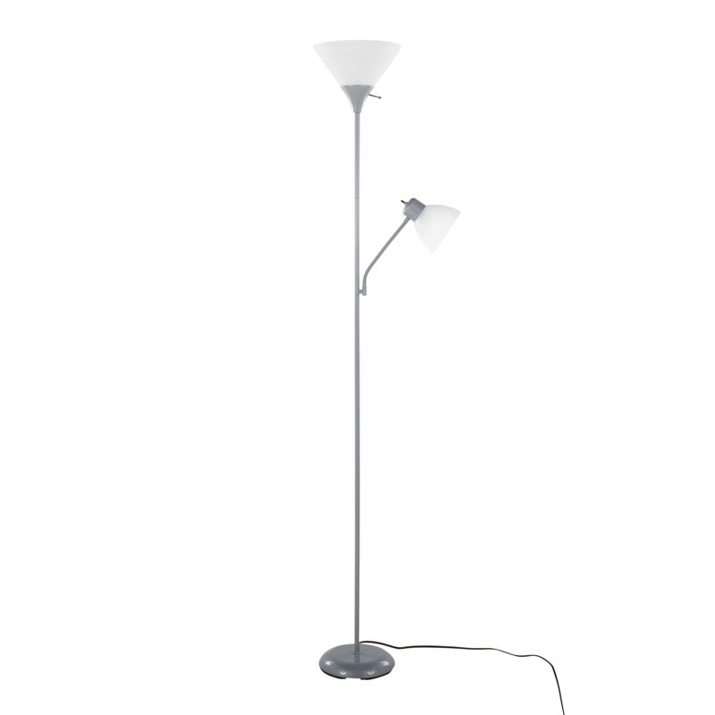 Lampe sur pied 72 po à deux têtes en métal avec finition argentée et abat-jour en plastique blanc givré, 1 pièce, blanc
