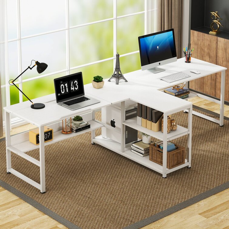 94 Two Person Double Computer Desk Modern Off White & Silver Office Desk with 4 Drawers & 1 Door