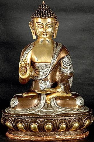 Statue de Bouddha en laiton en Abhaya Mudra avec des symboles Ashtamangala, 11,5 po | Figurine spirituelle fabriquée à la main pour salle de méditation et autel domestique