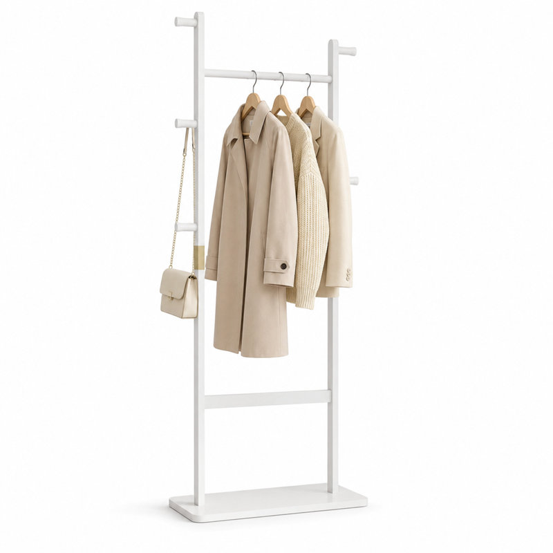 Portemanteau autoportant en bois massif blanc, 60 cm L x 30 cm l x 180 cm H, écologique et facile à monter. Support décoratif idéal pour la chambre, l'entrée et le salon.