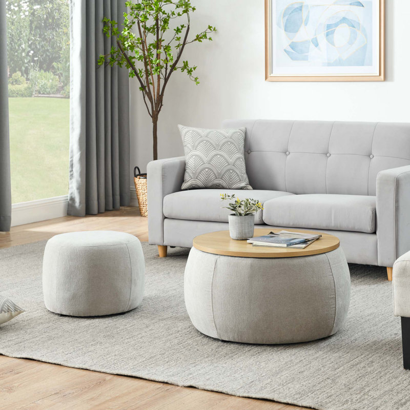 Repose-pieds rond avec rangement, fonction 2 en 1, table de bout avec repose-pieds, avec petit siège, Gris clair, Naturel