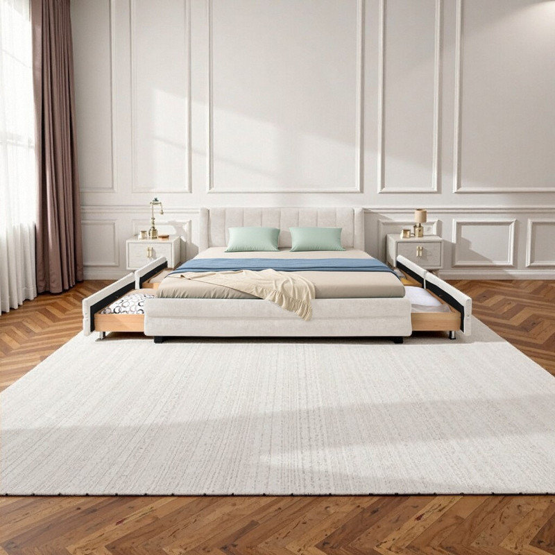 Grand lit de rangement rembourré avec tissu chenille, Beige