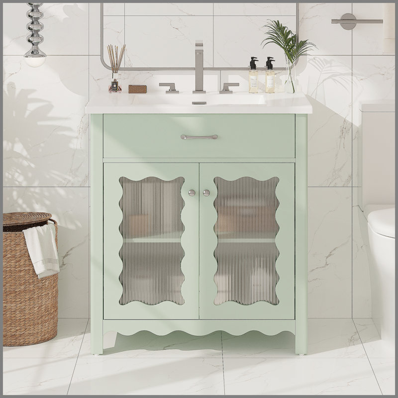 Meuble-lavabo de 30 pouces avec verre trempé, conception moderne, portes à fermeture en douceur et lavabo en céramique durable de couleur verte