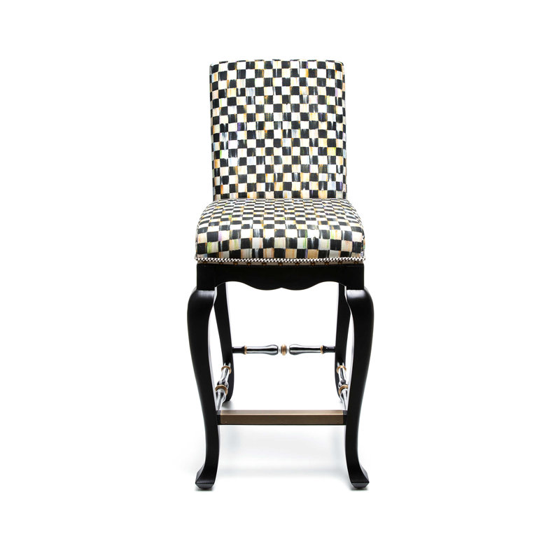 Black and White Upholstered Wood Counter Stool with Nailhead Trim