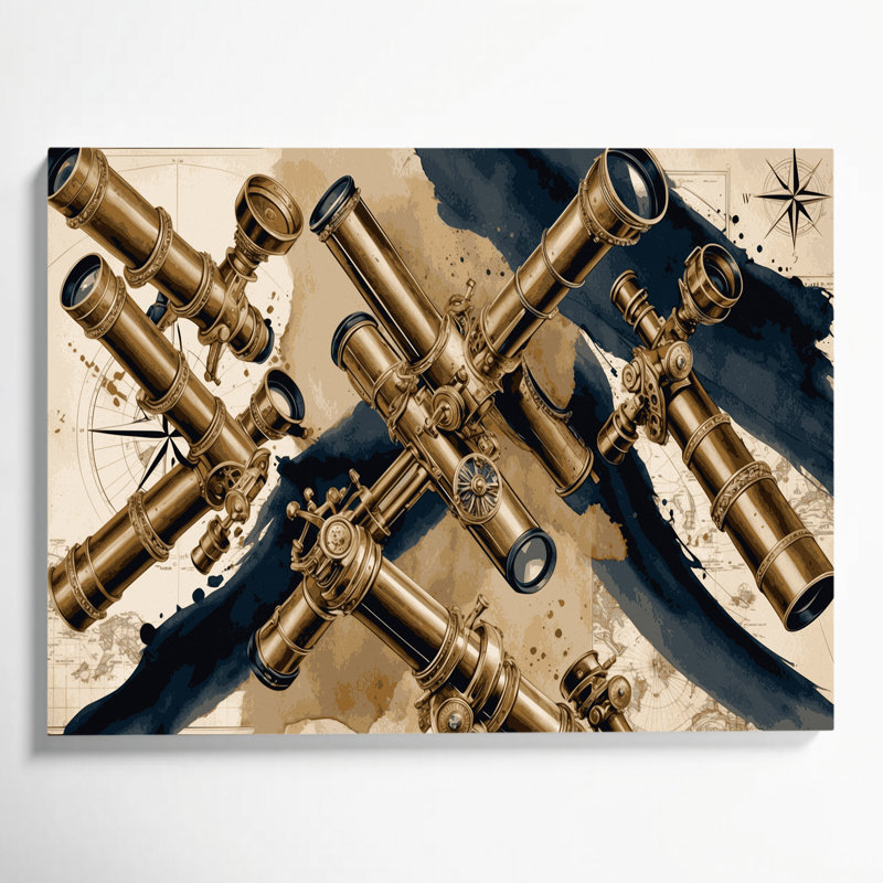 Art mural sur toile beige, "Nautical Telescopes", H 24 po x l 36 po