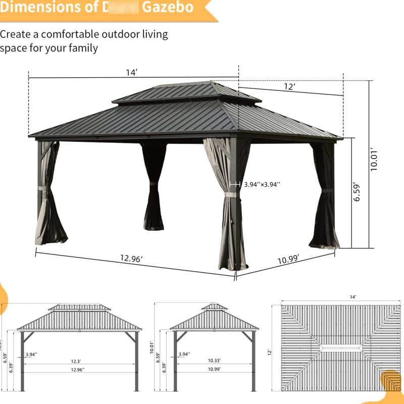 Pavillon de jardin 12 pi x 14 pi, matériaux, aluminium, acier galvanisé pour terrasse de patio 12 pi x 14 pi - construction en aluminium - gris