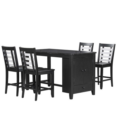 Counter Height 5-Piece Dining Table Set With Faux Marble Tabletop, Solid Wood Table Set With Storage Cabinet And Drawer, Black -  Red Barrel StudioÂ®, 1A9939F83DDF4B9F9E67A0126F98DB33