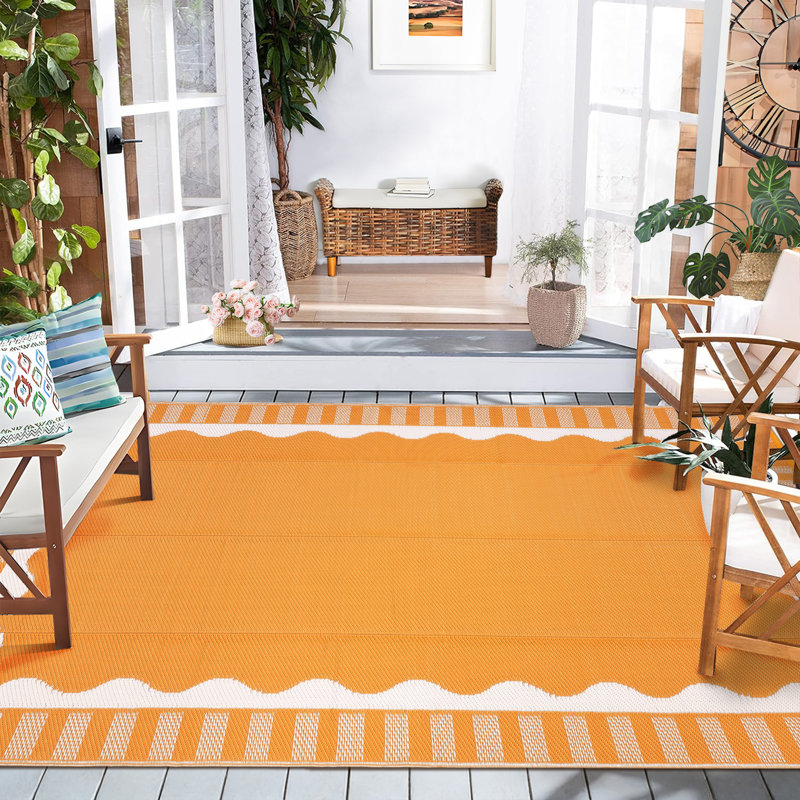 Tapis d'extérieur réversible Modern Wave, tapis en plastique imperméable et résistant aux rayons UV, facile à nettoyer, orange / blanc, patio, jardin, terrasse, tapis de camping, 8 x 10 pi