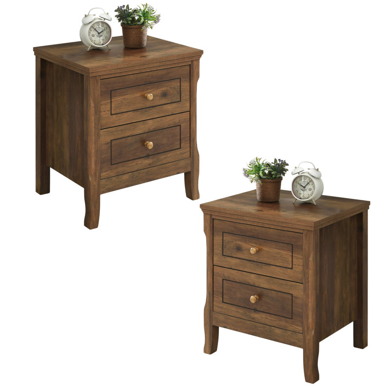 Porter 2 Drawer Nightstand Set Of 2, Bedside Tables With Storage Drawers, Compact Wood Night Stands For Bedroom, End Table Or Side Table For Living Room, 15.7" D X 18.9" W X 22" H, Brown
