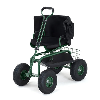Rolling Garden Work Seat with Wheels, 360° Swivel Seat Gardening Cart with Extendable Steering Handle, Tool Tray and Storage Basket, 400 lbs Capacity, Gardening Stools for Patio, Yard, and Outdoors
