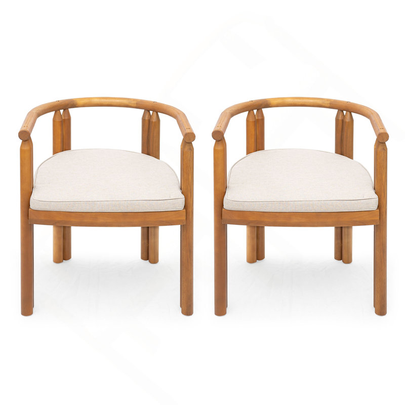 Chaise de salle à manger avec accoudoirs en bois d'acacia Cove, finition teck avec coussin beige, ensemble de 2