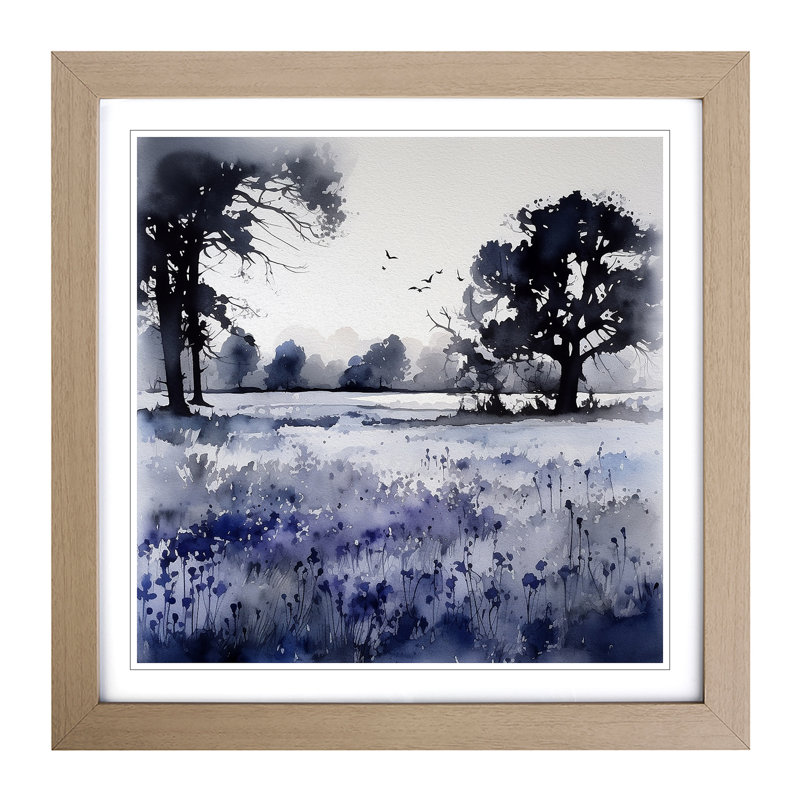 Bluebell Field Ink Wash - Framed Print, Oak