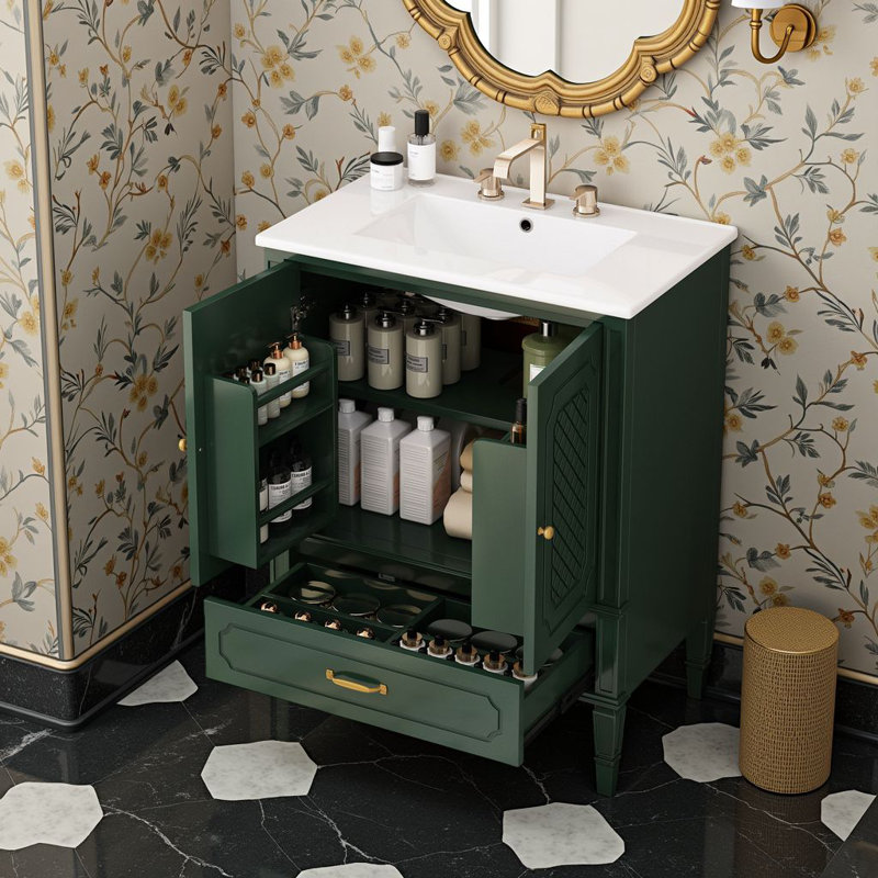 Meuble-lavabo autoportant de 30 po avec lavabo en céramique, armoire de rangement avec portes à fermeture en douceur, tiroir fonctionnel et tablette réglable