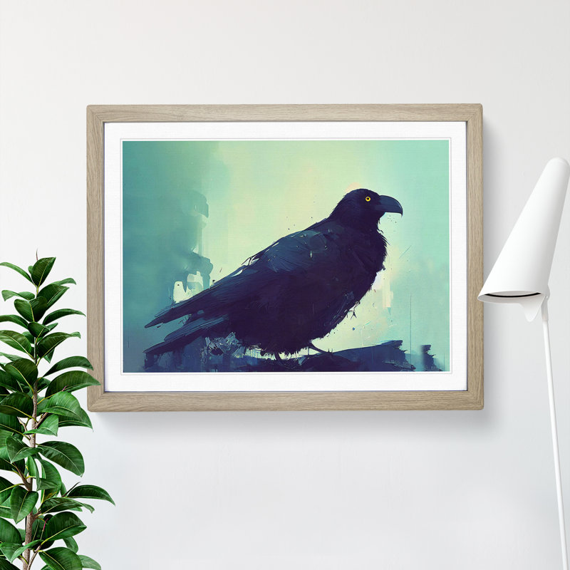 Raven Bird - Single Picture Frame Painting, 46cm H x 64cm W x 2cm D, Oak