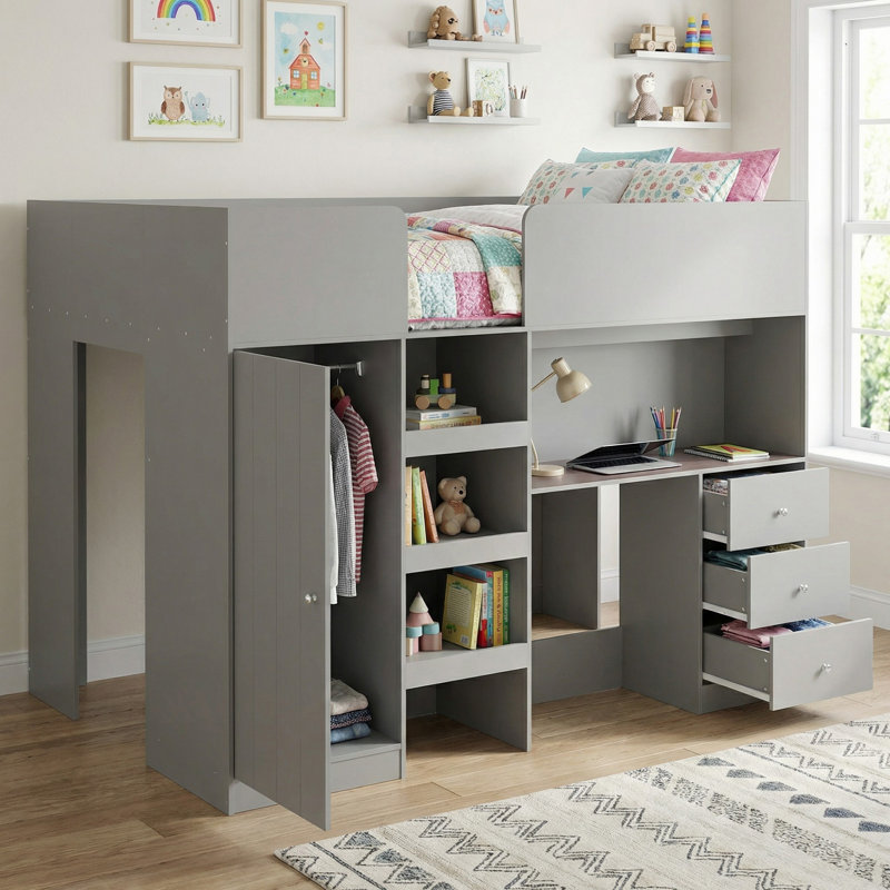Lit mezzanine double en bois massif avec garde-robe intégrée, bureau, tablettes de rangement et tiroirs pour la chambre à coucher
