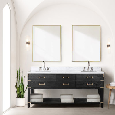 Meuble-lavabo double en chêne noir, 72 po Large, dessus en marbre, 34 miroirs, tiroir à fermeture en douceur, salle de bain surélevée, quatre rangements