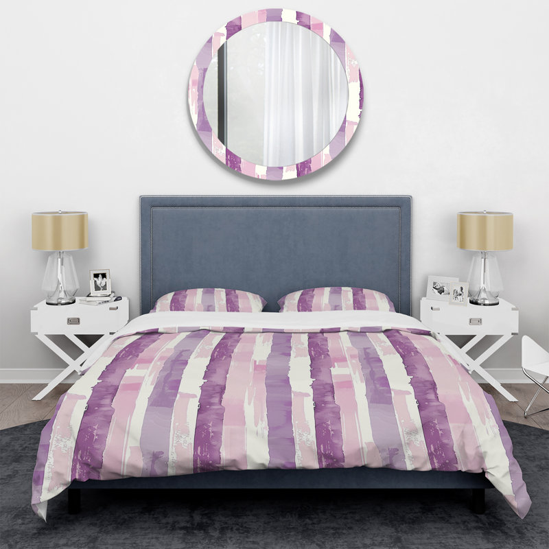 Ensemble de housse de couette transitionnel mauve blanc à fines rayures I, Housse de couette simple et deux taies décorative