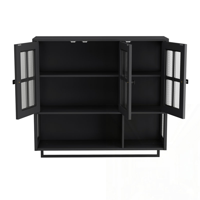 Armoire murale en bois à 3 portes avec espace de rangement ouvert et caché, Noir